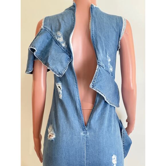 Jonathan Simkhai Asymmetric Ruffled Dress Womens 6 Distressed Indigo Denim - Picture 6 of 14